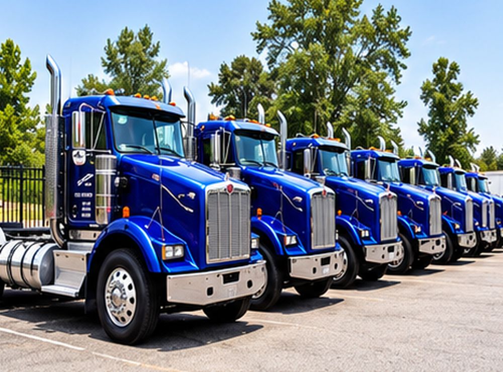 A line of commercial fleet trucks ready for scheduled service.